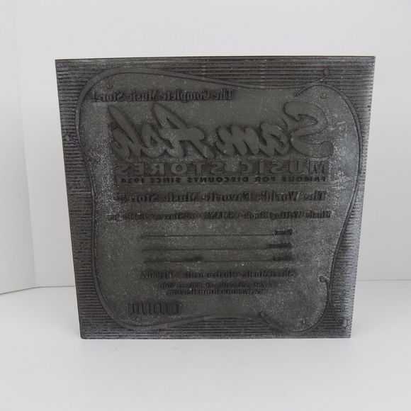 Sam Ash the complete music store rubber stamp on wood rare 7x7 - Picture 1 of 9
